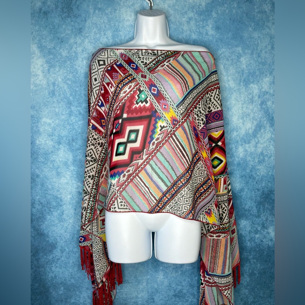 Bohemian Multicolor Aztec Knit Poncho - Red Accent